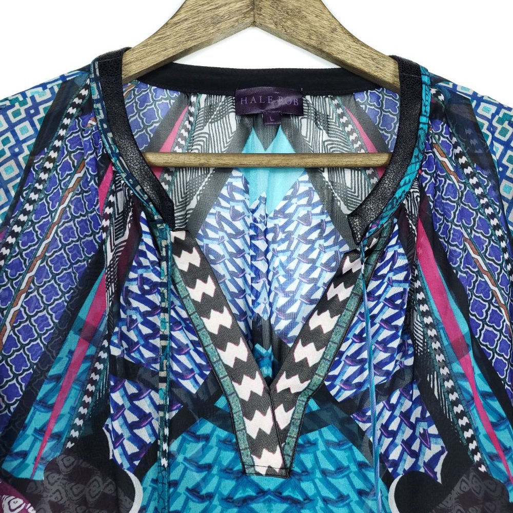 Hale Bob Ladonna Silk Chiffon Teal Crepe Blouse - Picture 2 of 9